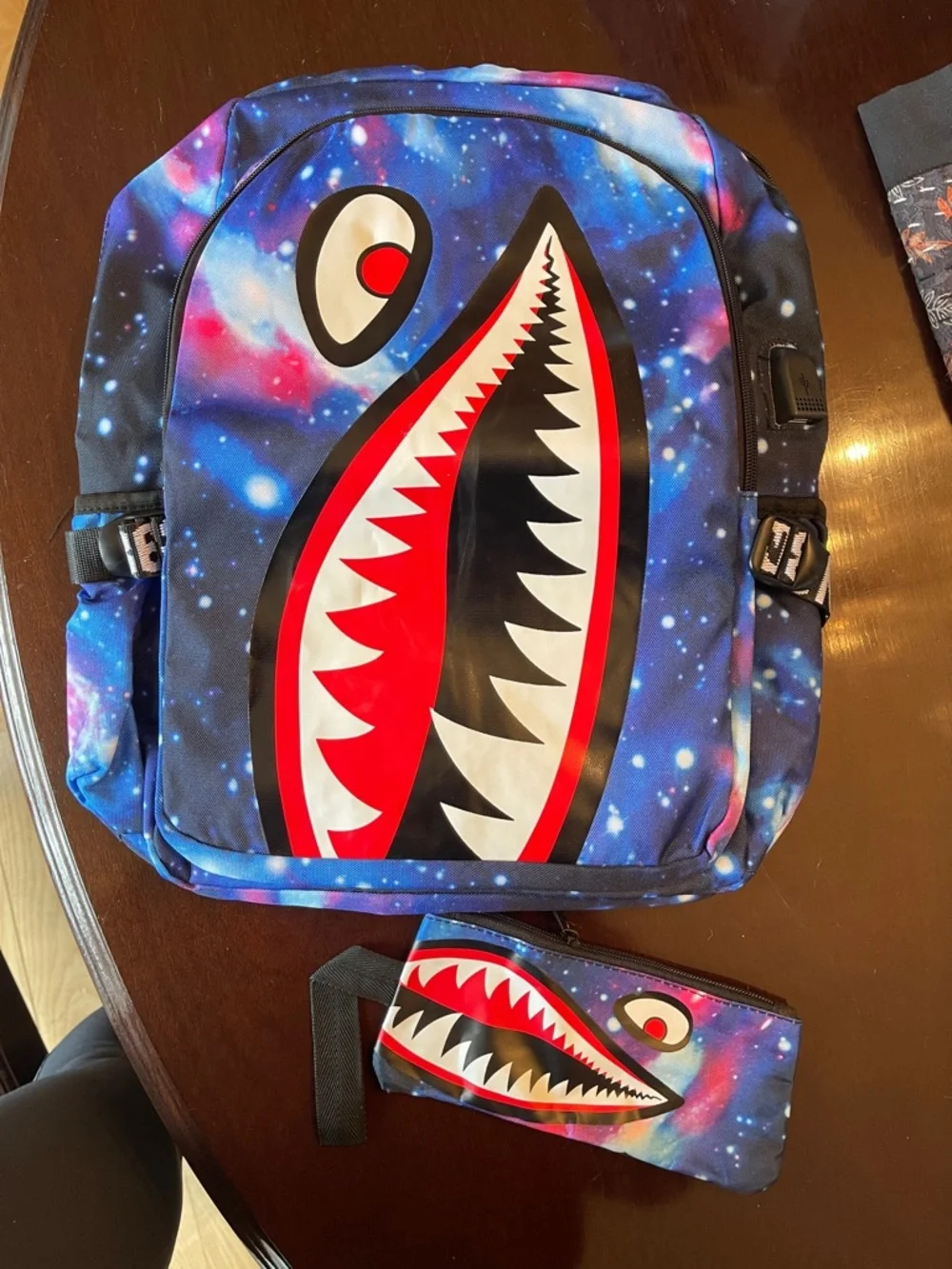 Shark Mouth Backpack Galaxy Print School Bag with Teeth Design USB port nwt